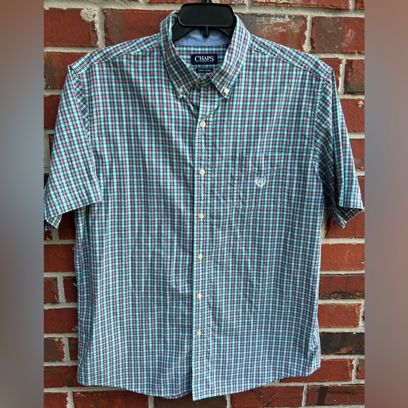 Chaps Easy Care Men’s Short Sleeve Button Down XL Pink Green Shirt C9 - Picture 1 of 5